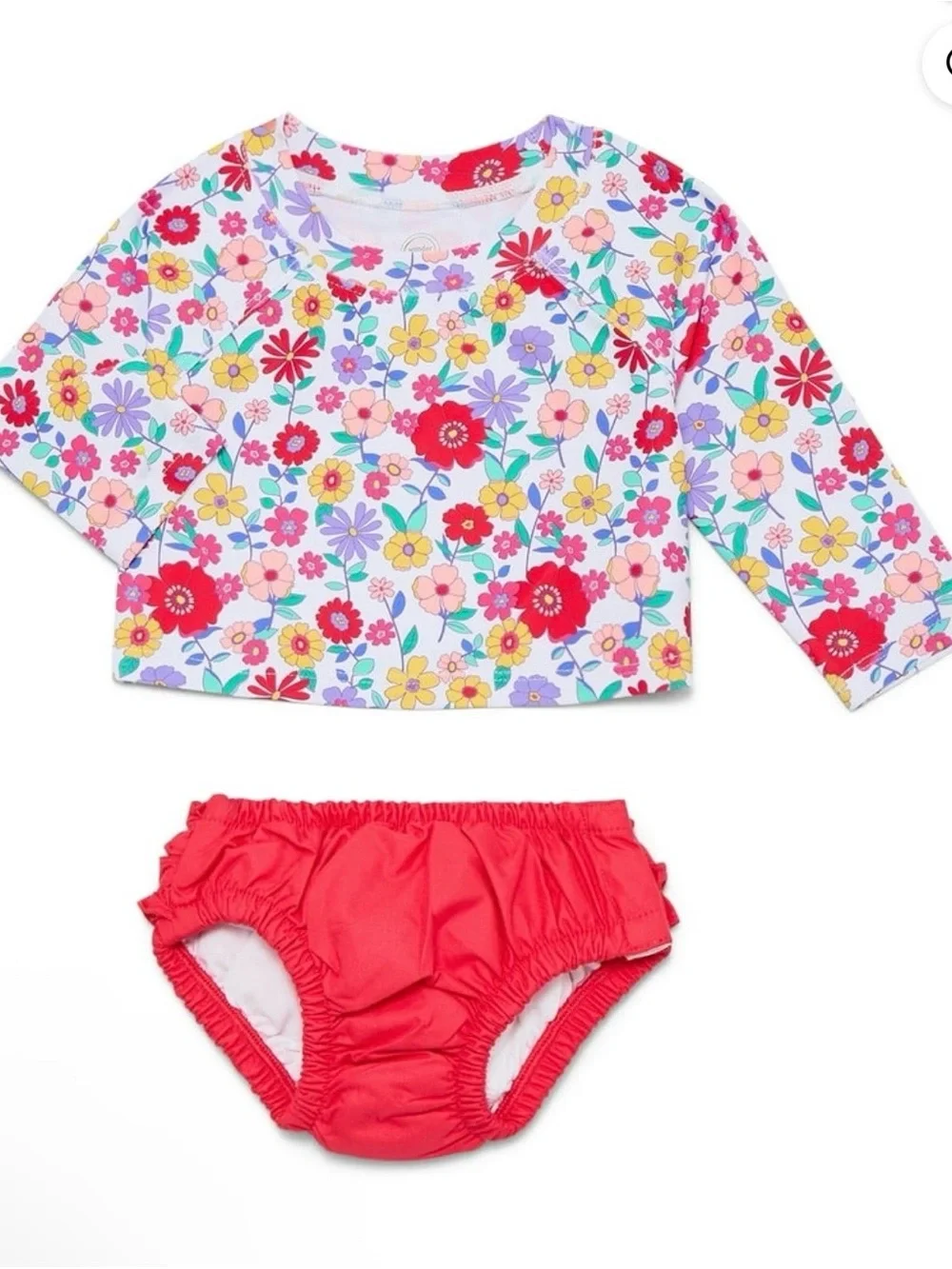 wonder nation Floral Long-Sleeve Rash Guard with Coral Swim Bottoms
